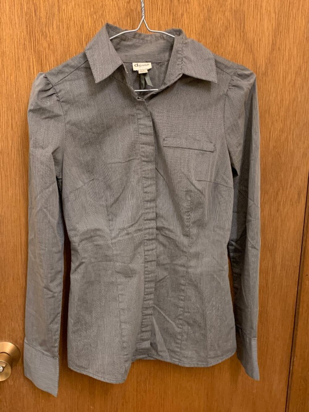Dynamite pin-striped grey button up shirt with hidden buttons